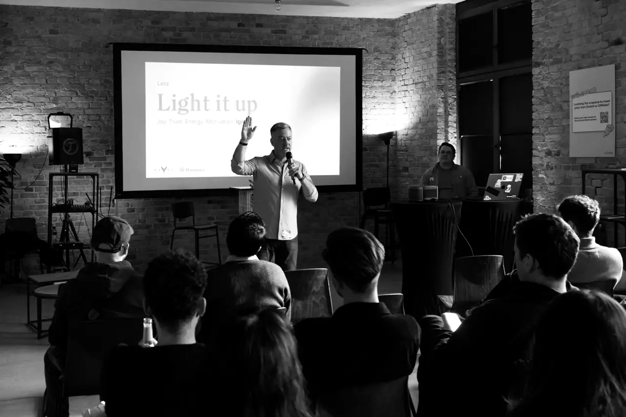 Patrick Cowden gives his talk to a full room
